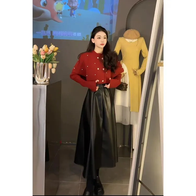 法式双排扣斗蓬毛织衫女冬季百搭显瘦保暖长袖上衣+皮裙套装