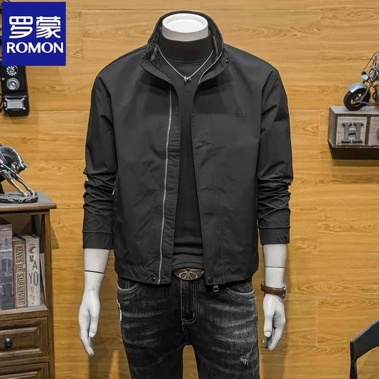 Romon/罗蒙男士春秋新款潮牌休闲外套简约立领上衣青年潮修身夹克