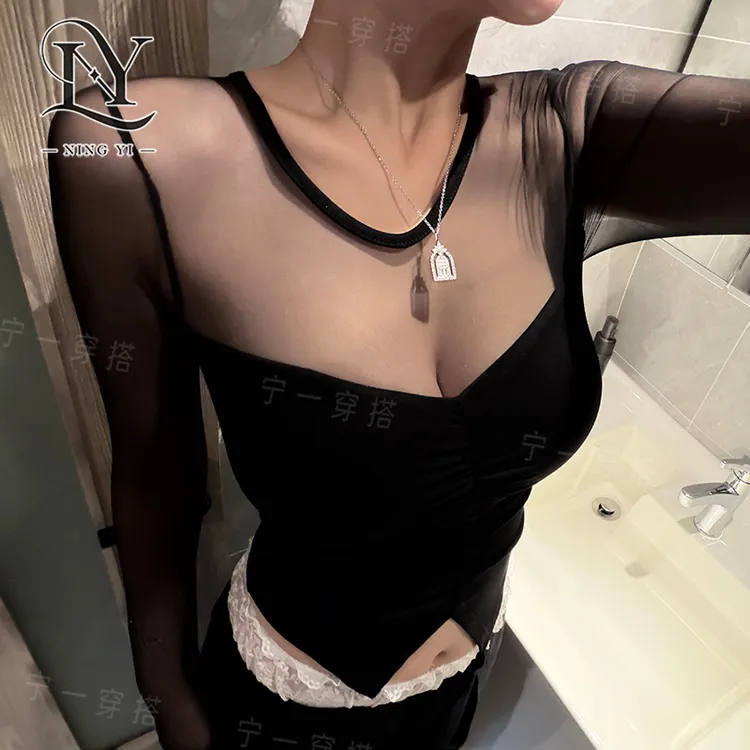 NY7125 网纱拼接纯欲风性感长袖T恤自带胸垫显瘦内搭修身打底衫女