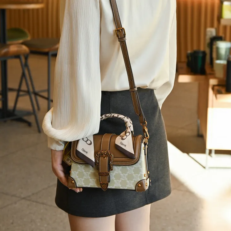 路易米希尔女包2025新款时尚复古印花牛皮手提小方包单肩斜挎包潮