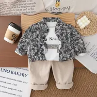 男童秋装套装2025新款帅气宝宝衣服潮酷儿童春秋季花衬衫三件套潮