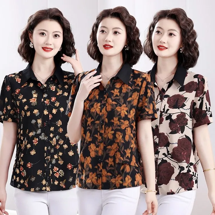 中年妈妈夏装薄款小衫2025新款短袖衬衫上衣中老年女宽松翻领开衫
