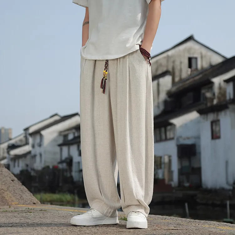 亚麻裤子男夏季中国风哈伦裤长裤宽松休闲裤新中式棉麻直筒阔腿裤
