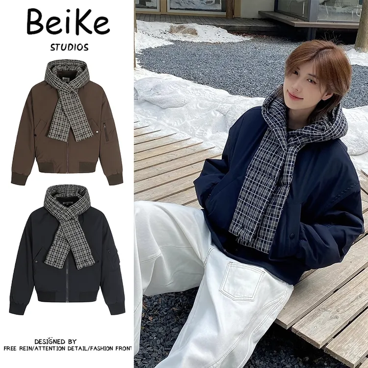 连帽假两件日韩系学院设计感围巾拼接棉服中性风简约宽松棉衣外套