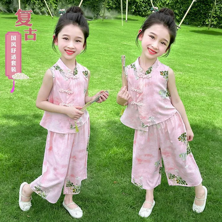汉服女童棉绸套装夏季2025新款洋气时髦儿童新中式夏装女宝两件套