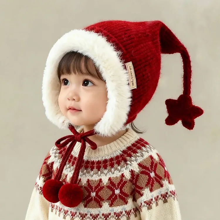 【小布丁】儿童圣诞帽子秋冬季保暖加厚针织护耳帽女宝宝防风毛线帽