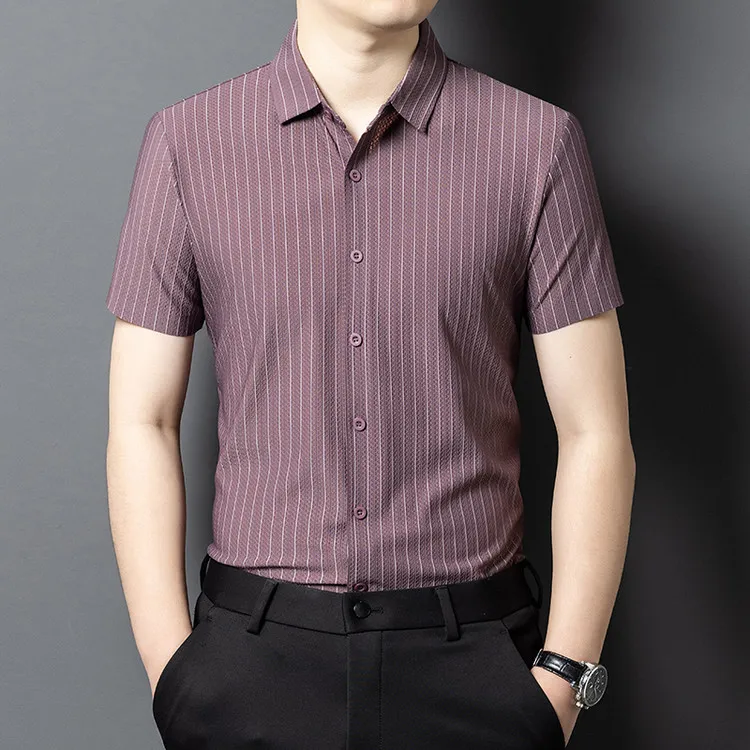 保罗男士高档衬衫无痕条纹衬衣休闲衬衣夏季中年商务弹力提花寸衣