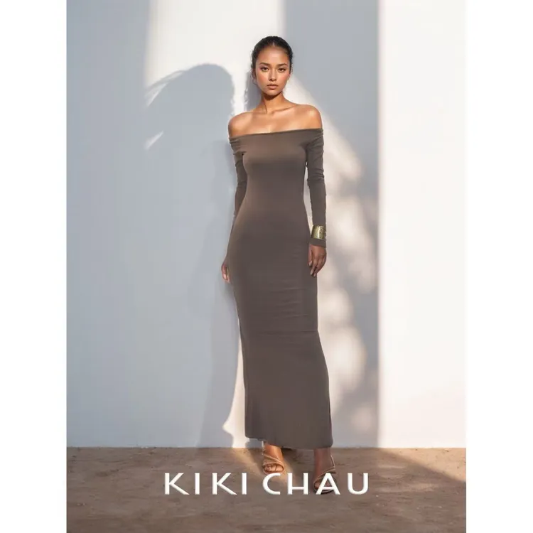 KIKI CHAU ‘RESSE’咖色一字肩鱼尾连衣裙