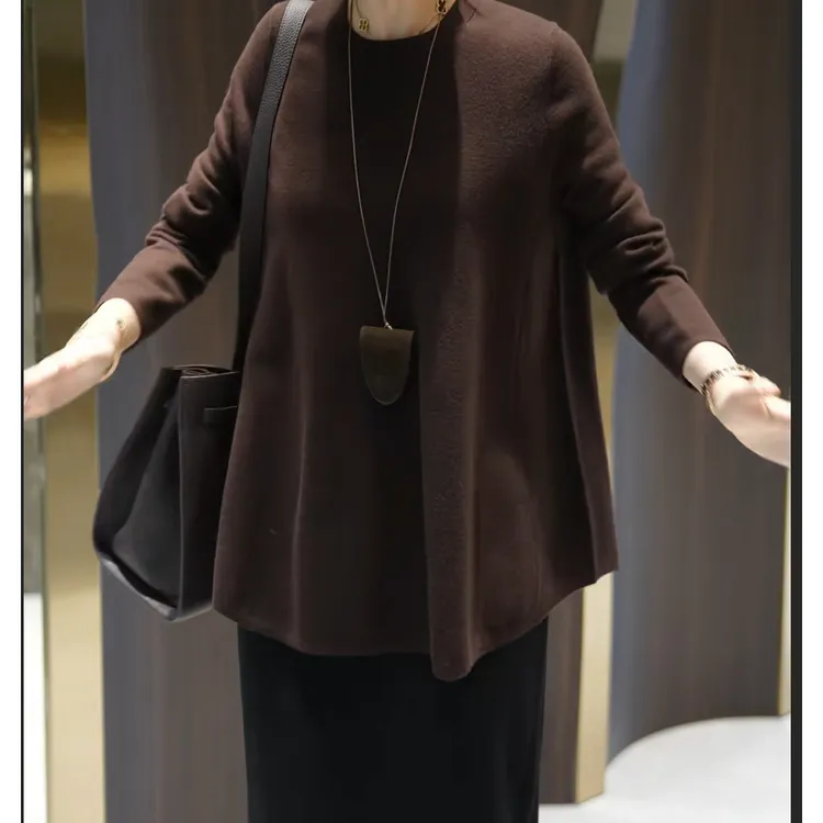 2025早秋圆领纯色高级感百搭宽松慵懒风打底针织衫女长袖T恤上衣