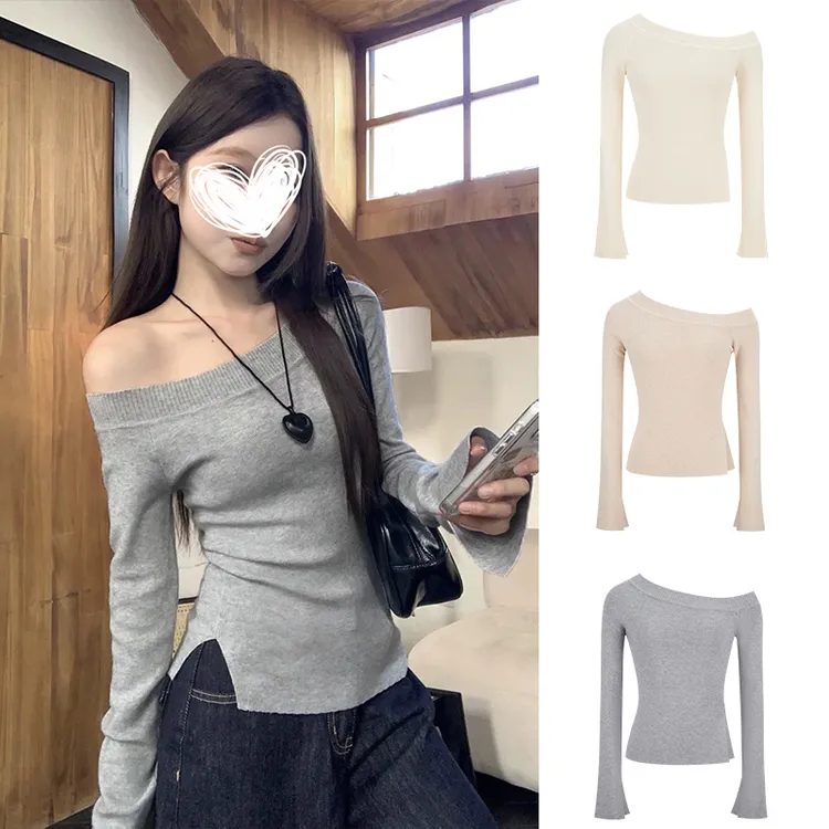 Moses Queen/魔西女王韩系不规则开叉斜肩针织衫女春露肩打底上衣