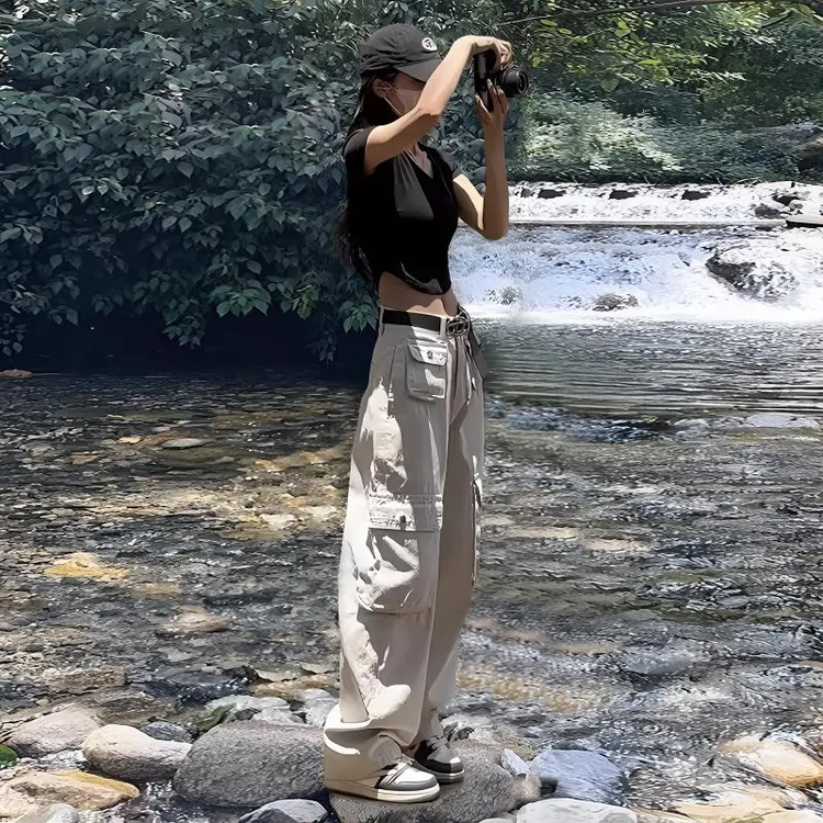 雪千羽美式工装伞兵裤女2025夏新款高腰宽松显瘦直筒牛仔阔腿裤bf