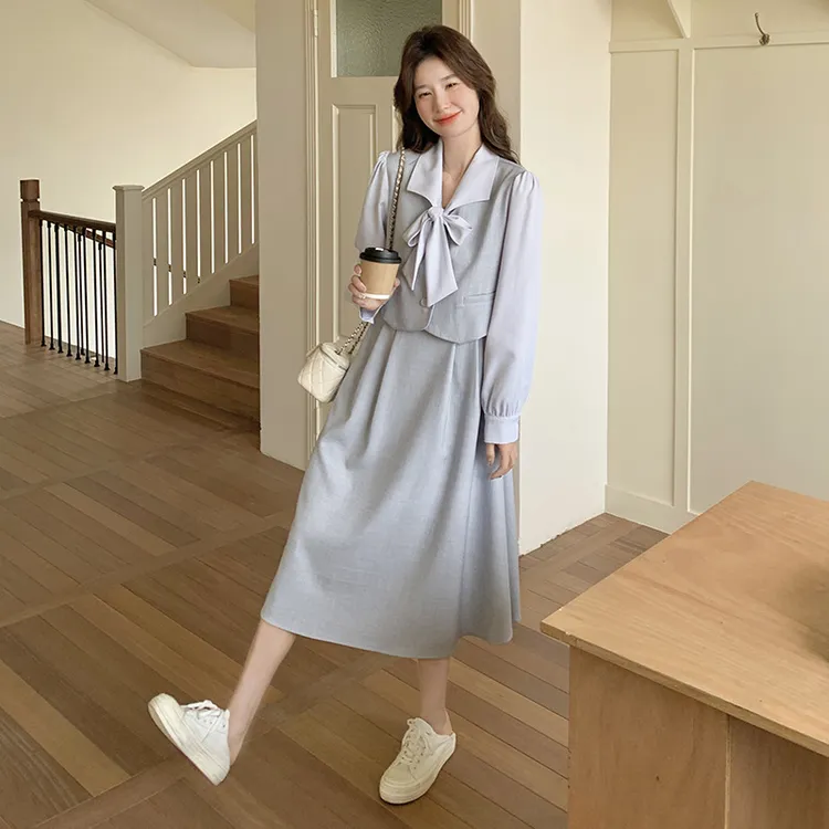 8865梦玫25春意法法式蝴蝶结系带假两件连衣裙女超流行百搭连衣裙