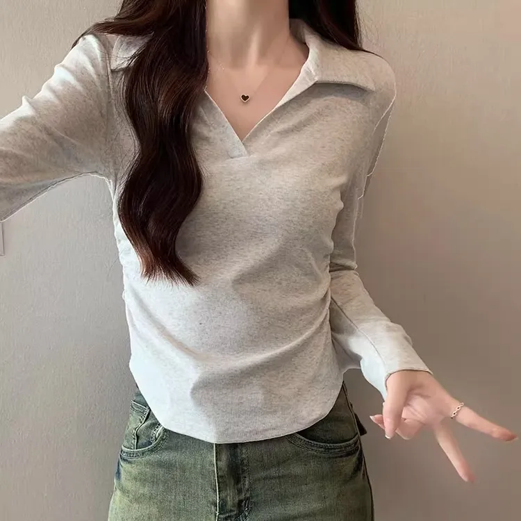 纯棉polo翻领长袖T恤女2025秋新款正肩褶皱收腰小个子打底衫上衣