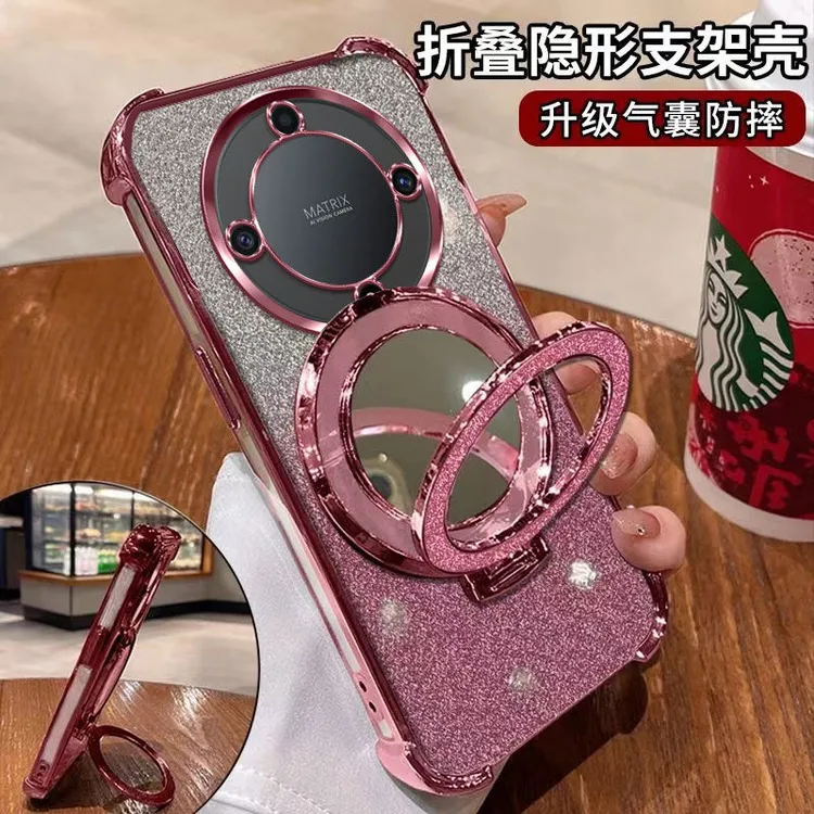 闪粉化妆镜适用荣耀X40手机壳网红保护套磁吸支架防摔壳全包软壳.