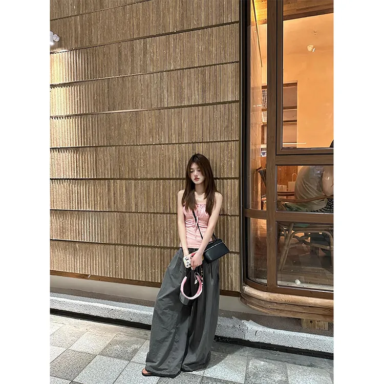 韩系气质辣妹风修身针织背心上衣夏季新款高腰显瘦宽松休闲阔腿裤