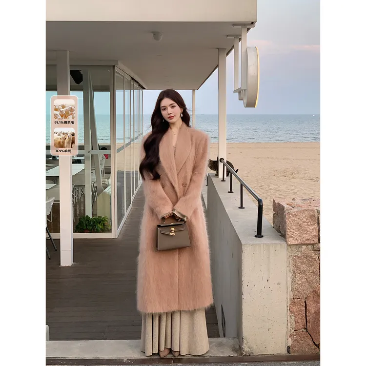 冯薪颖 【巴塞罗那】羊绒拉绒轻奢时尚宽松中长款翻领大衣  25956