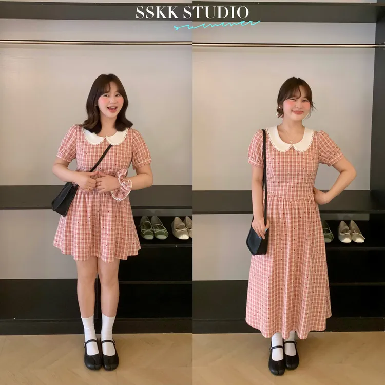 KMZY/KMZY山_山【尤莉少女】微胖大码甜妹少女感红格子娃娃领连衣裙