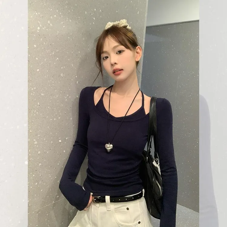 微胖MM大码女装辣妹挂脖长袖T恤秋季新款修身内搭假两件显瘦上衣