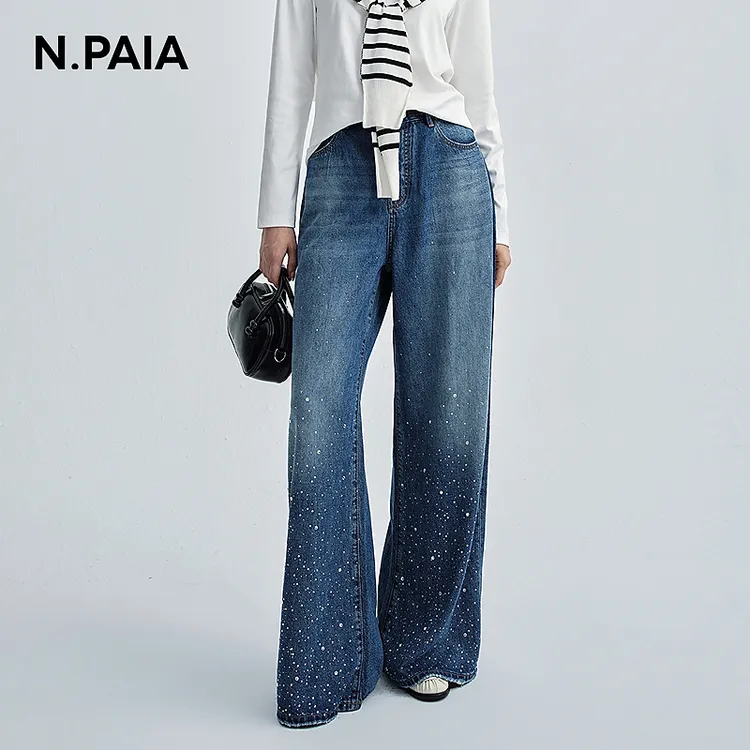 恩派雅25新款100天丝时尚烫钻垂坠感高腰阔腿牛仔裤女XWKEDJ606A