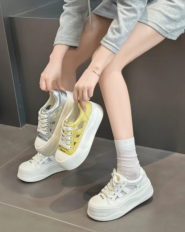 8659真皮网面夏季透气厚底板鞋镂空休闲鞋女时尚百搭(跟高5.5cm)