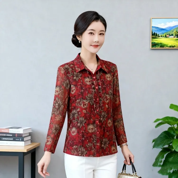 洋气春秋装中老年女装速干台湾网纱上衣开扣衬衫长袖小衫