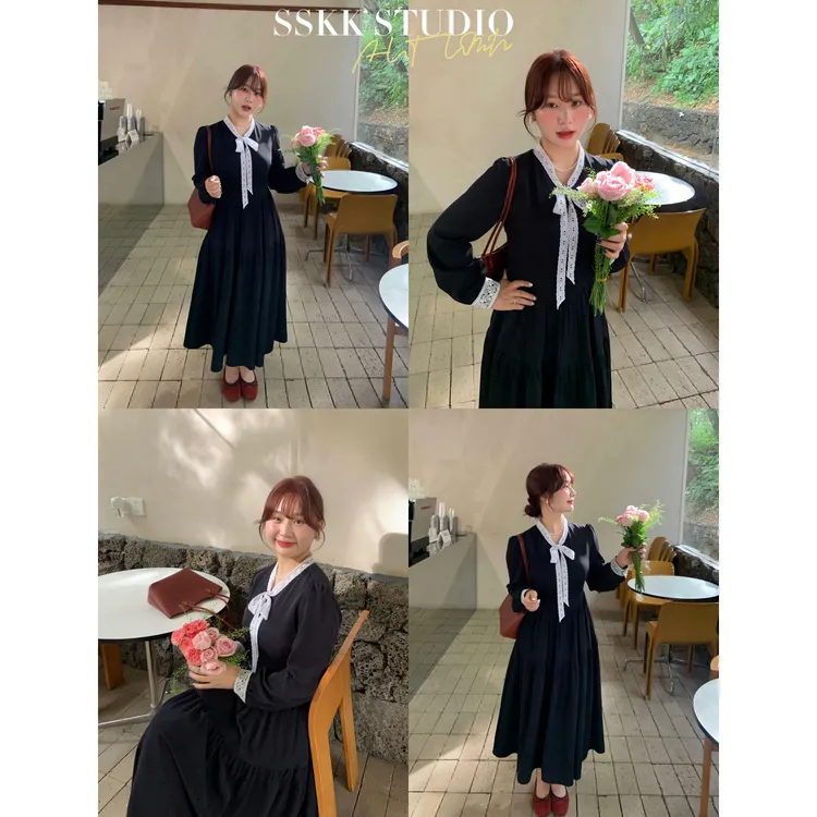 KMZY/KMZY山_山【温柔邂逅】微胖韩系温柔风镂空蝴蝶结系带连衣裙女