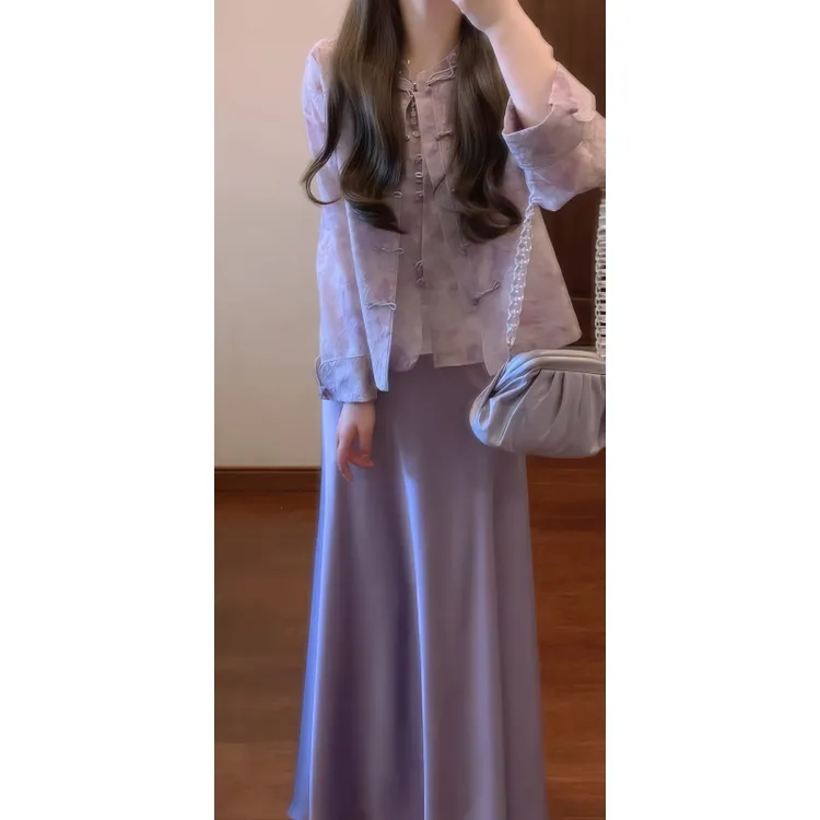 【紫气东来】新中式国风紫色盘扣无袖马甲&半身裙&圆领马甲套装9070