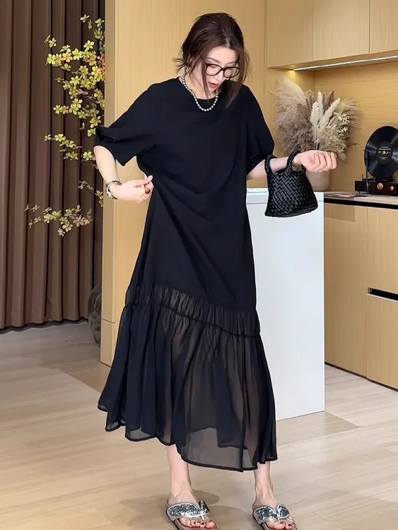 欧货黑色小众设计泡泡袖长款连衣裙女夏季2025新款百搭显瘦小黑裙