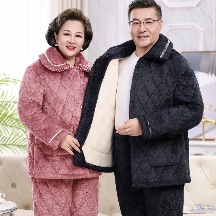 中老年爸爸妈妈男款珊瑚绒保暖睡衣女士三层夹棉袄加厚冬季加绒