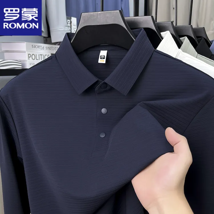 罗蒙冰丝t恤男春秋季长袖无痕薄款中青年商务休闲爸爸翻领polo衫