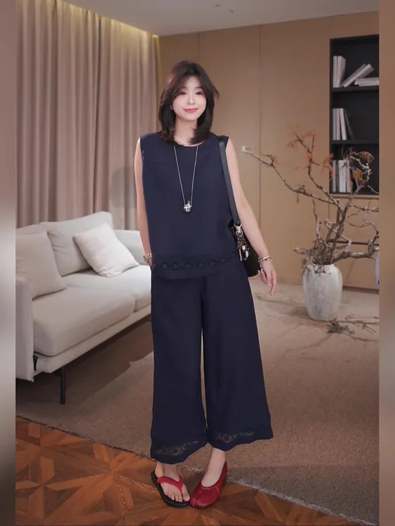 广州琴姐【午后慢调】欧若风时尚圆领上衣休闲阔腿裤子套装女 69132