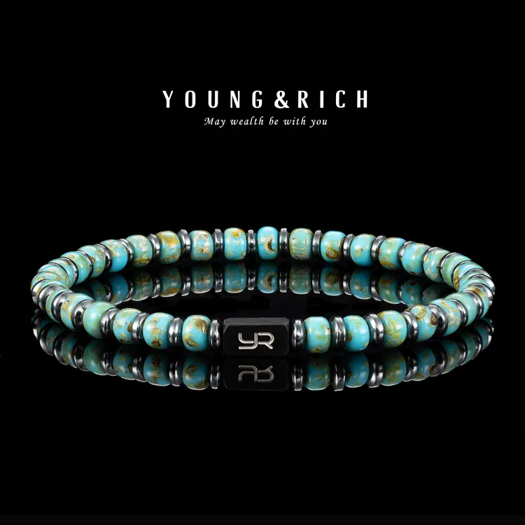 YOUNG&RICH 钛钢琉璃手链 4mm蓝色米珠海洋手串轻奢小众送情侣