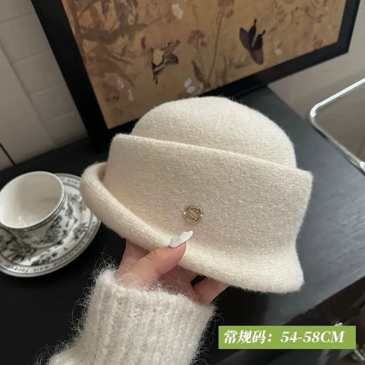 千金风高级感卷边黑色礼帽女秋冬季显脸小气质盆帽大头围渔夫帽子
