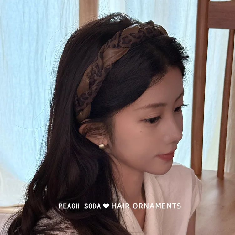 洋气宽发箍~法式复古豹纹麻花编织PU头箍气质高颅顶发卡时髦头饰