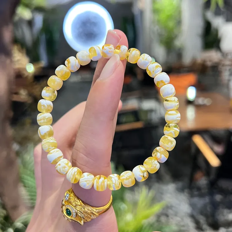 保真原矿蜜蜡琥珀高货老型珠金白瓷溶洞白妖花手串文玩多样性发一