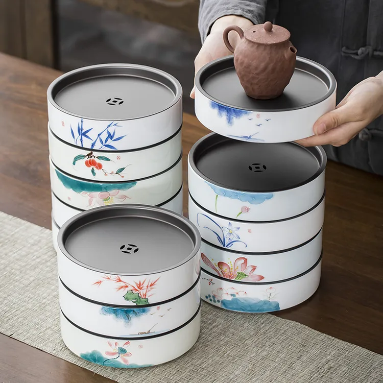 釉下彩手绘羊脂玉瓷壶承干泡台陶瓷功夫茶具养壶盘茶托盘茶道配件