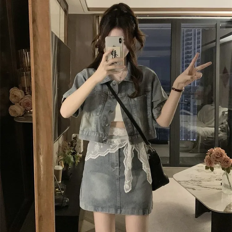 大码夏季新款港风翻领外套+半身裙+蕾丝腰帘三件套9879