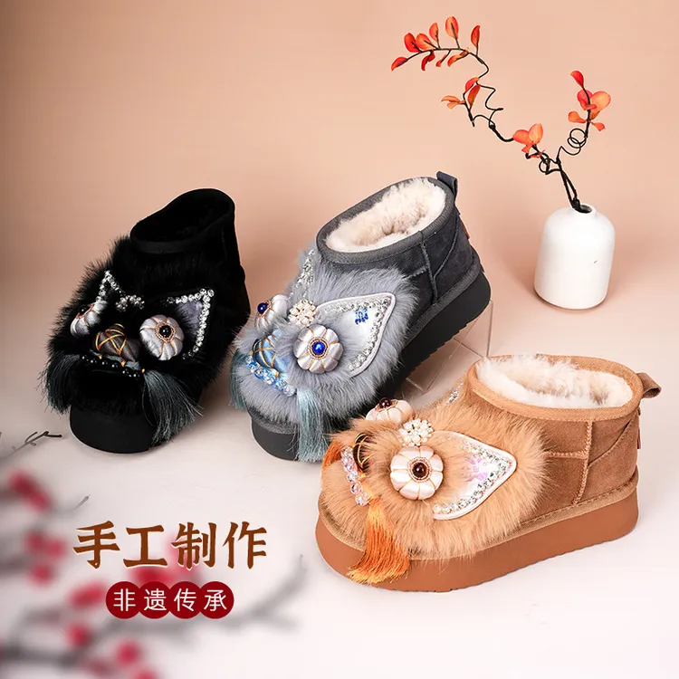 虎头鞋雪地靴厚底爆款复古休闲风女短靴民族风非遗手工绣花棉鞋子