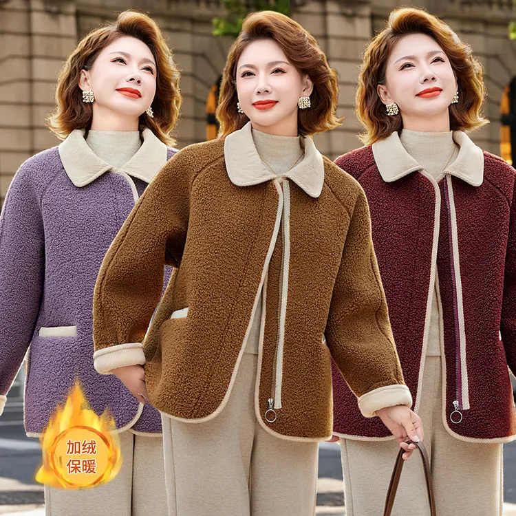 时尚妈妈冬装加绒加厚棉衣外套中老年女装洋气大码颗粒绒保暖棉袄