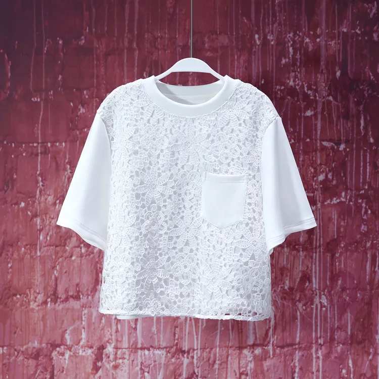 【韩哥女装】设计师高定面料欧货小众轻奢白色针织镂空时尚T恤6879A