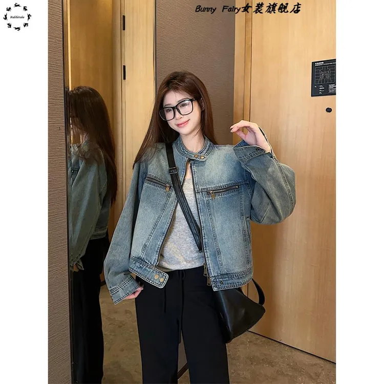 覆古机车长袖牛仔外套女2025秋季新款设计感水洗短款夹克拉炼上衣