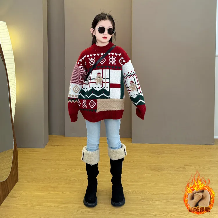 女童2025新款秋冬季韩版时尚圣诞新年甜美休闲毛衣加绒牛仔裤套装