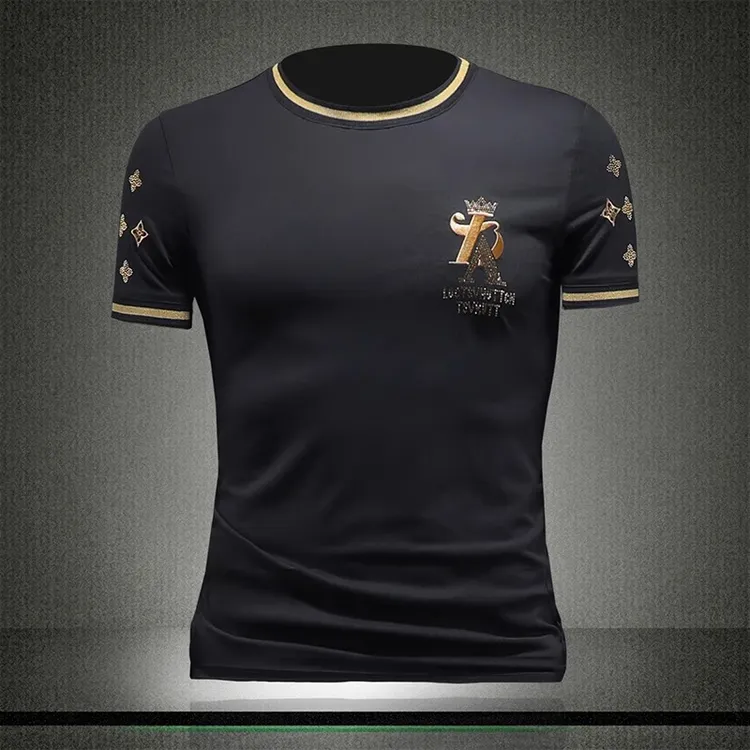 LEROLEHAR欧货圆领短袖t恤男士夏季新款烫钻帅气网红修身半袖体恤