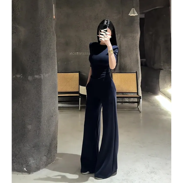 2025夏季新款韩系穿搭圆领短袖修身t恤上衣休闲低腰显瘦阔腿长裤