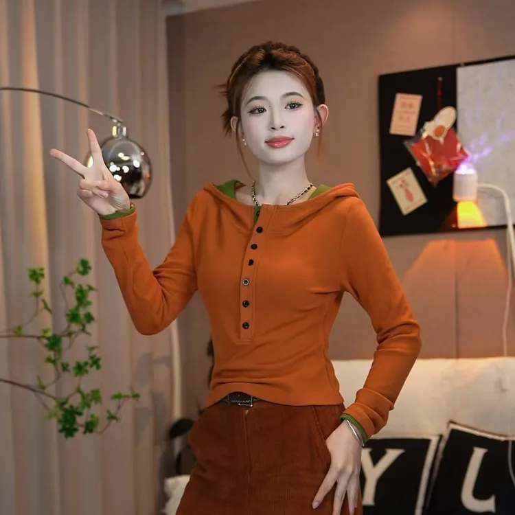 玉姐-双面绒连帽撞色纽扣套头打底衫长袖保暖弹力打底衫冬季新款