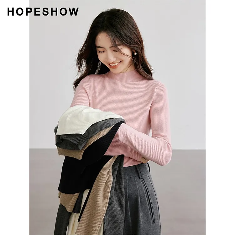 HOPESHOW/红袖2025同款肌理感正肩半高领套头针织衫90124270103