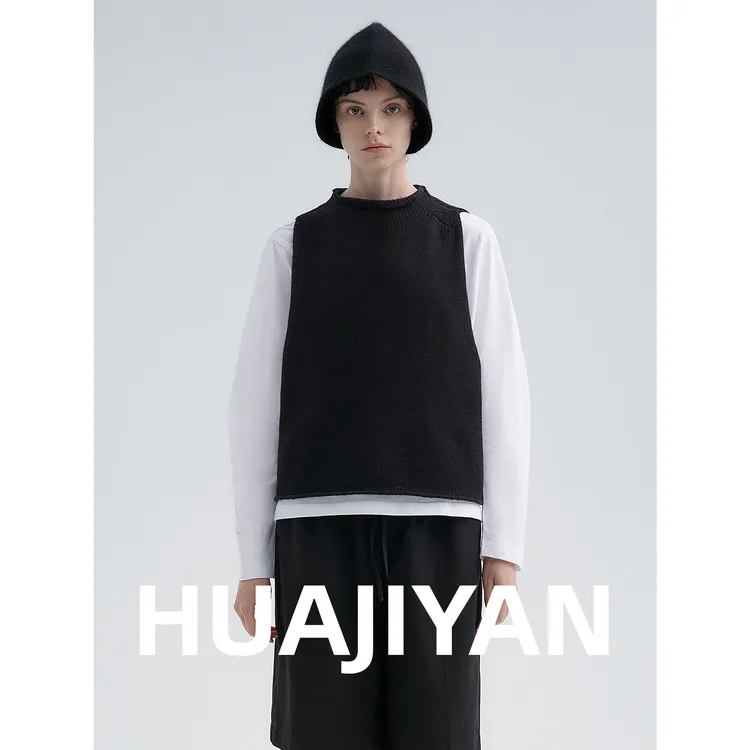 华吉言/HUAJIYAN【骑士】100绵羊毛卷边设计小圆领无袖马甲
