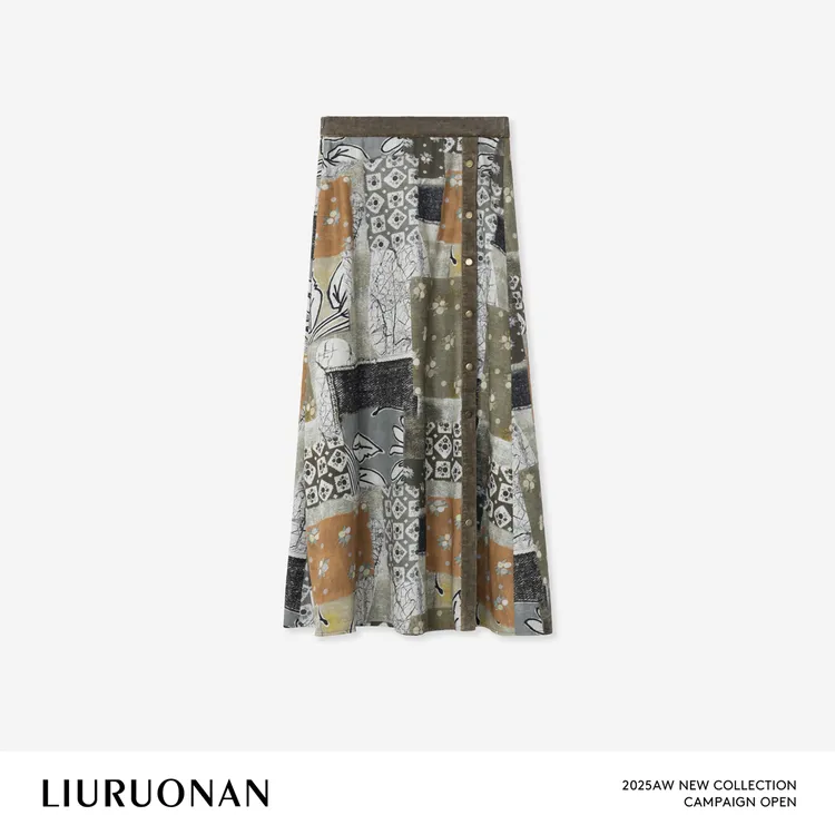 LIURUONAN 25WIN【落叶集】复古艺术感拼贴印花侧排口设计半身裙女