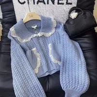 丨秋冬新款蓝色法式轻奢钉珠蝴蝶结圆领套头针织衫 5429