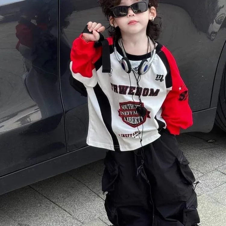 男童春秋时尚机车风撞色长袖T2025秋季新款中童酷帅洋气上衣